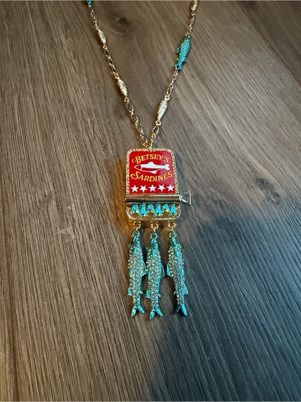 Betsey Johnson Red & Turquoise Enamel Sardine Tin Pendant Necklace
